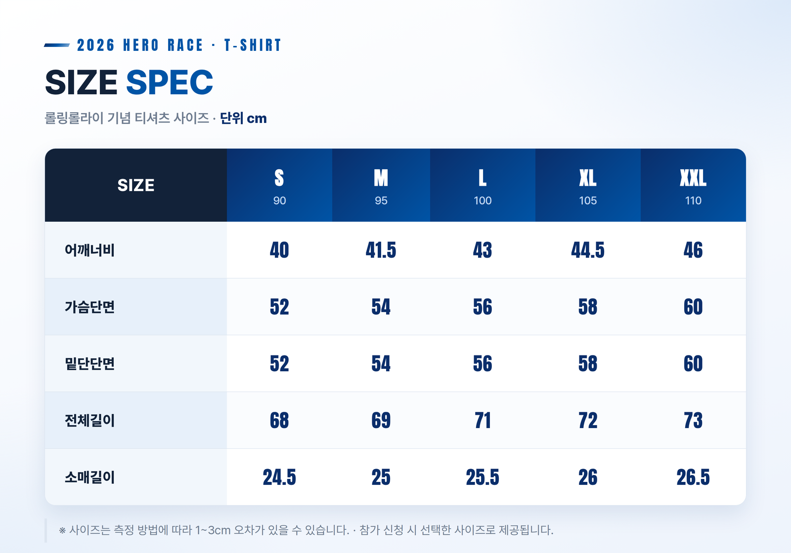 2026 HERO RACE 티셔츠 SIZE SPEC — 롤링롤라이 기념 티셔츠 사이즈 (단위 cm)